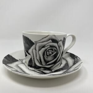 Black white rose tea coffee mug and saucer Stechcol Gracie China